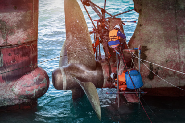 Zwei Männer arbeiten an einer Schiffsschraube